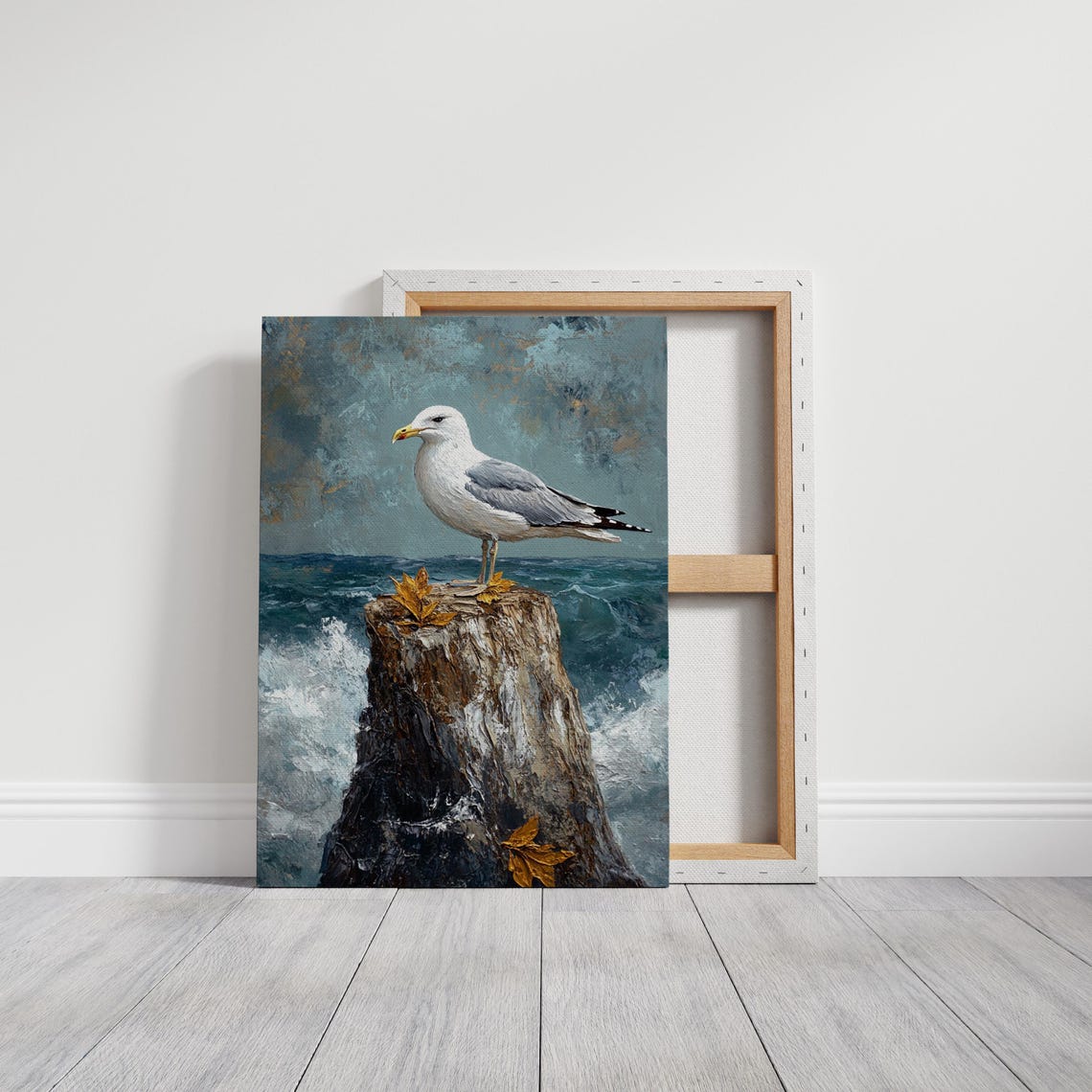 Seagull Standing on a Textured Stump with Autumn Leaves Ocean Poster - Image 7