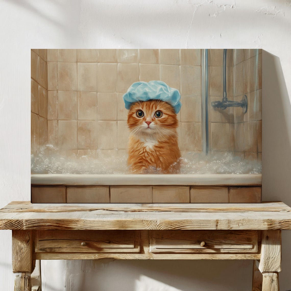 Adorable Orange Kitten Bathtub Bubbles Shower Cap Funny Cat Poster