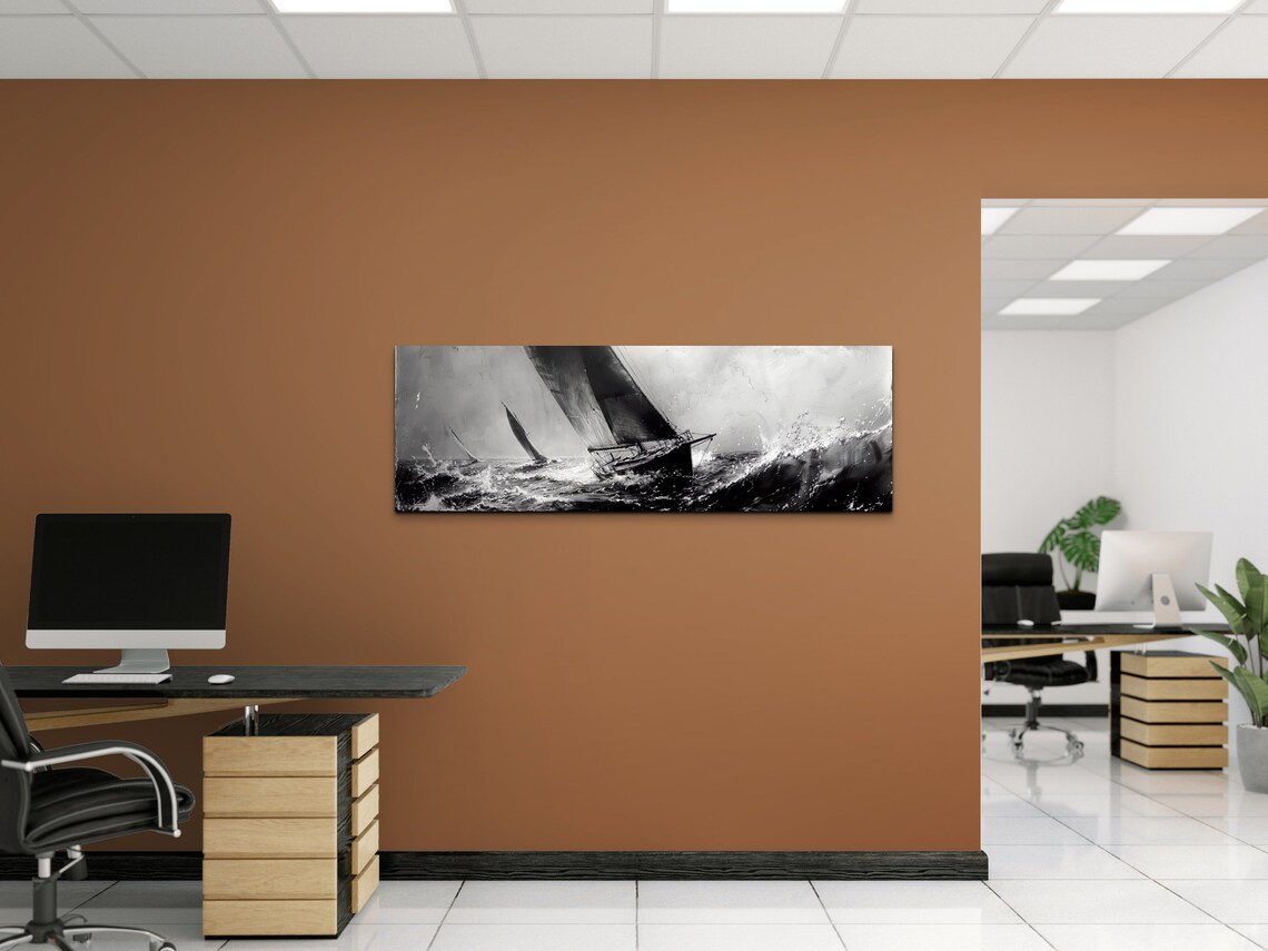 Sailboats Racing Stormy Sea Black White Dramatic Marine Panoramic Wall Art - Image 5