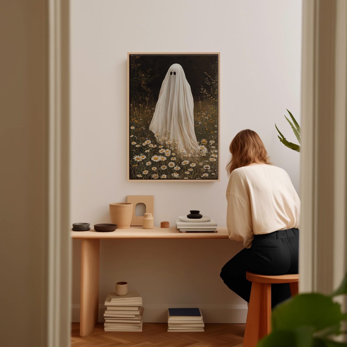 Cute Sheet Ghost In Daisy Meadow Moonlit Halloween Art Poster - Image 4