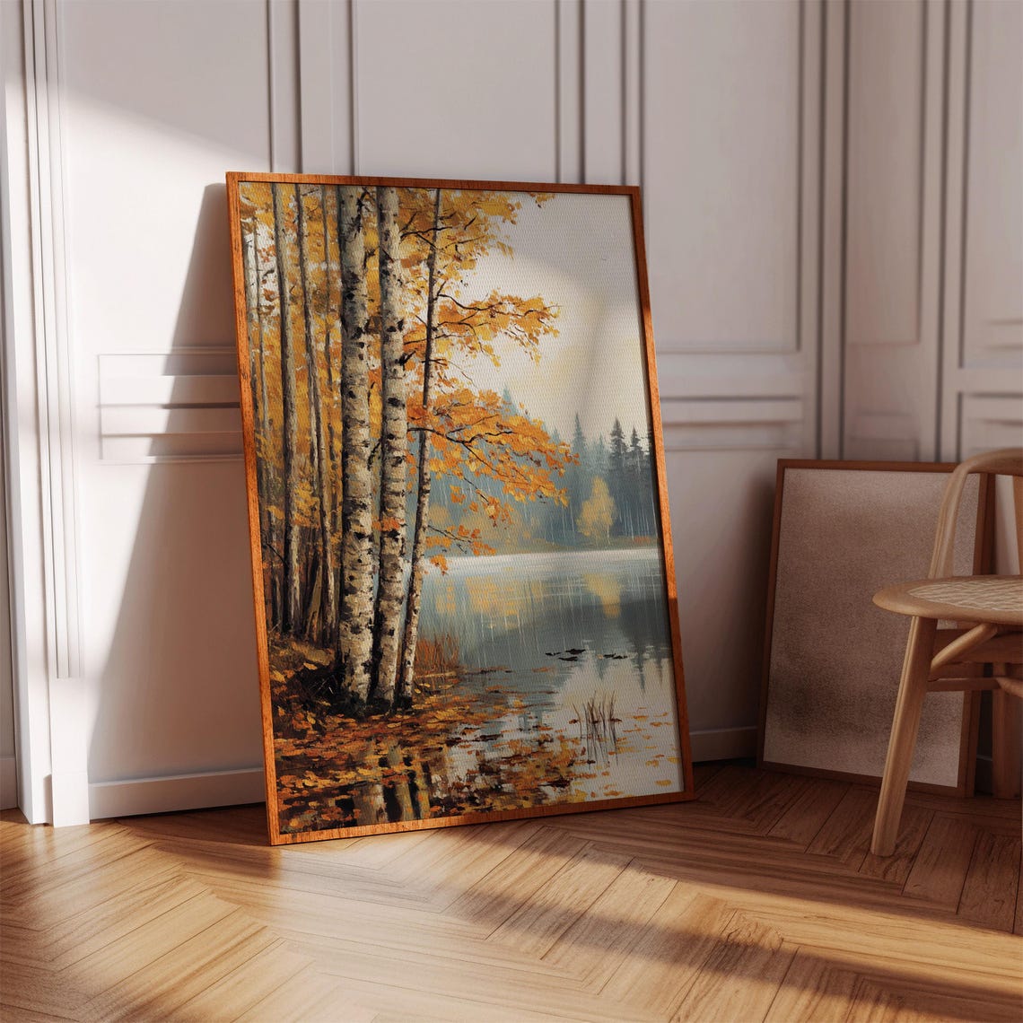 Autumn Birch Trees By A Lake With Reflection Painting Poster
