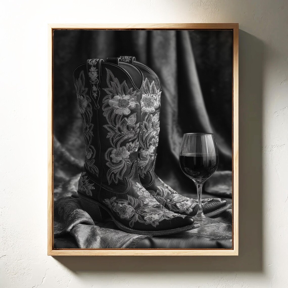 Black And White Floral Cowboy Boots With Wine Still Life Poster