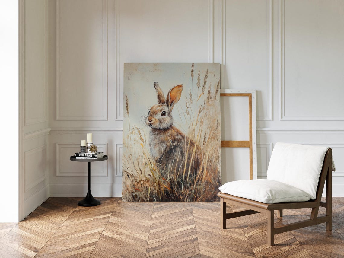 Brown Rabbit in Golden Wheat Grass Rustic Wildlife Portrait Wall Art - Image 4