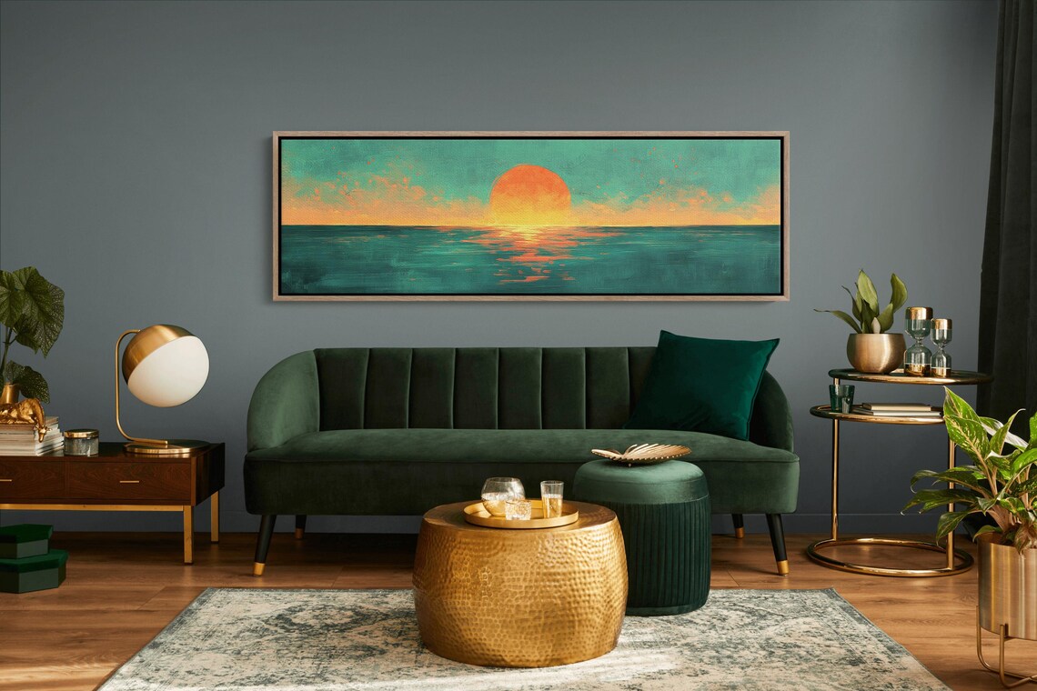 Vibrant Teal And Orange Ocean Sunset Large Sun Horizon Painterly Poster - Image 6