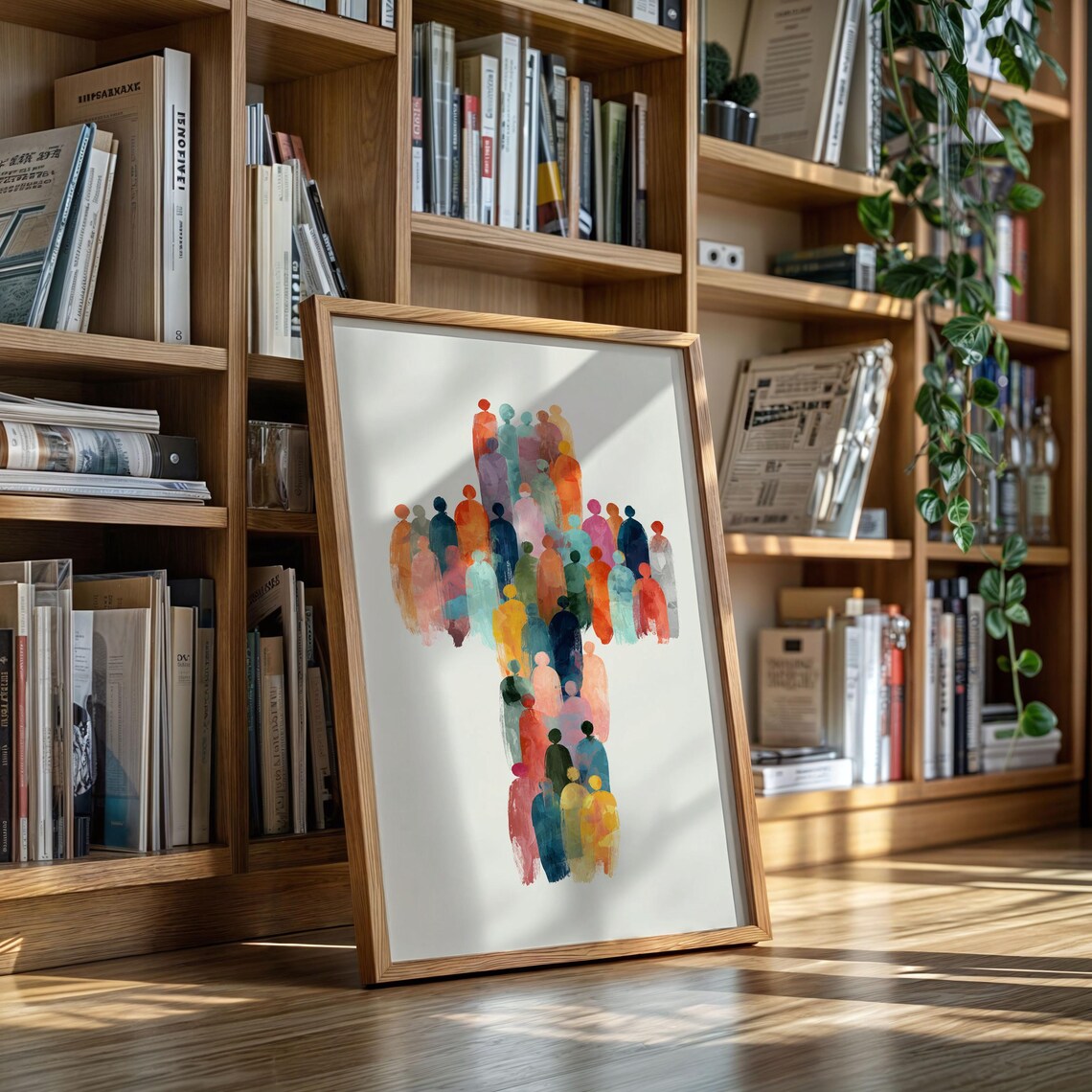 Watercolor Cross Of Colorful People Community Faith Art Poster
