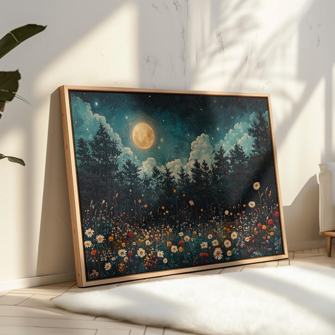 Full Moon Over Moonlit Forest And Wildflower Meadow Night Poster - Image 3