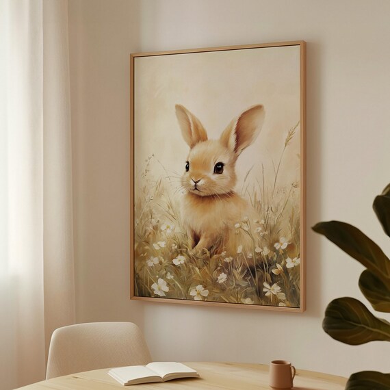 Adorable Baby Bunny In Wildflower Meadow Soft Cream Art Poster