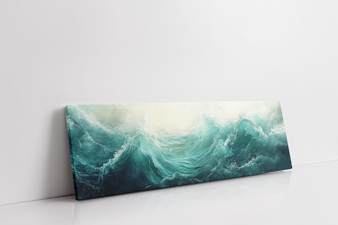 Turbulent Teal Ocean Wave Crashing Sea Foam Panoramic Coastal Print - Image 2