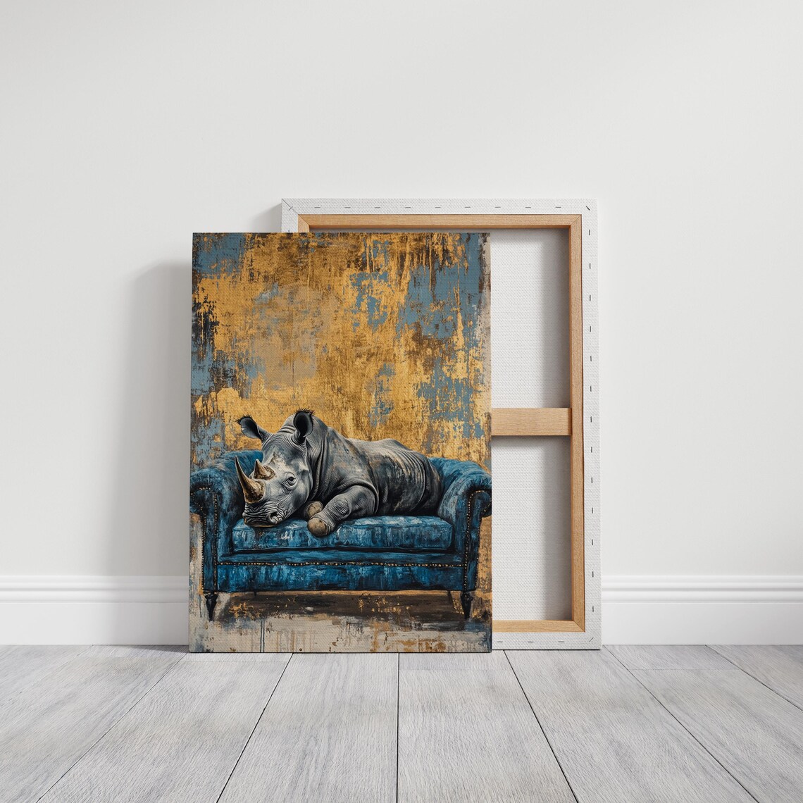 Relaxed Rhino Lounging on a Blue Velvet Couch Gold Art Poster - Image 6