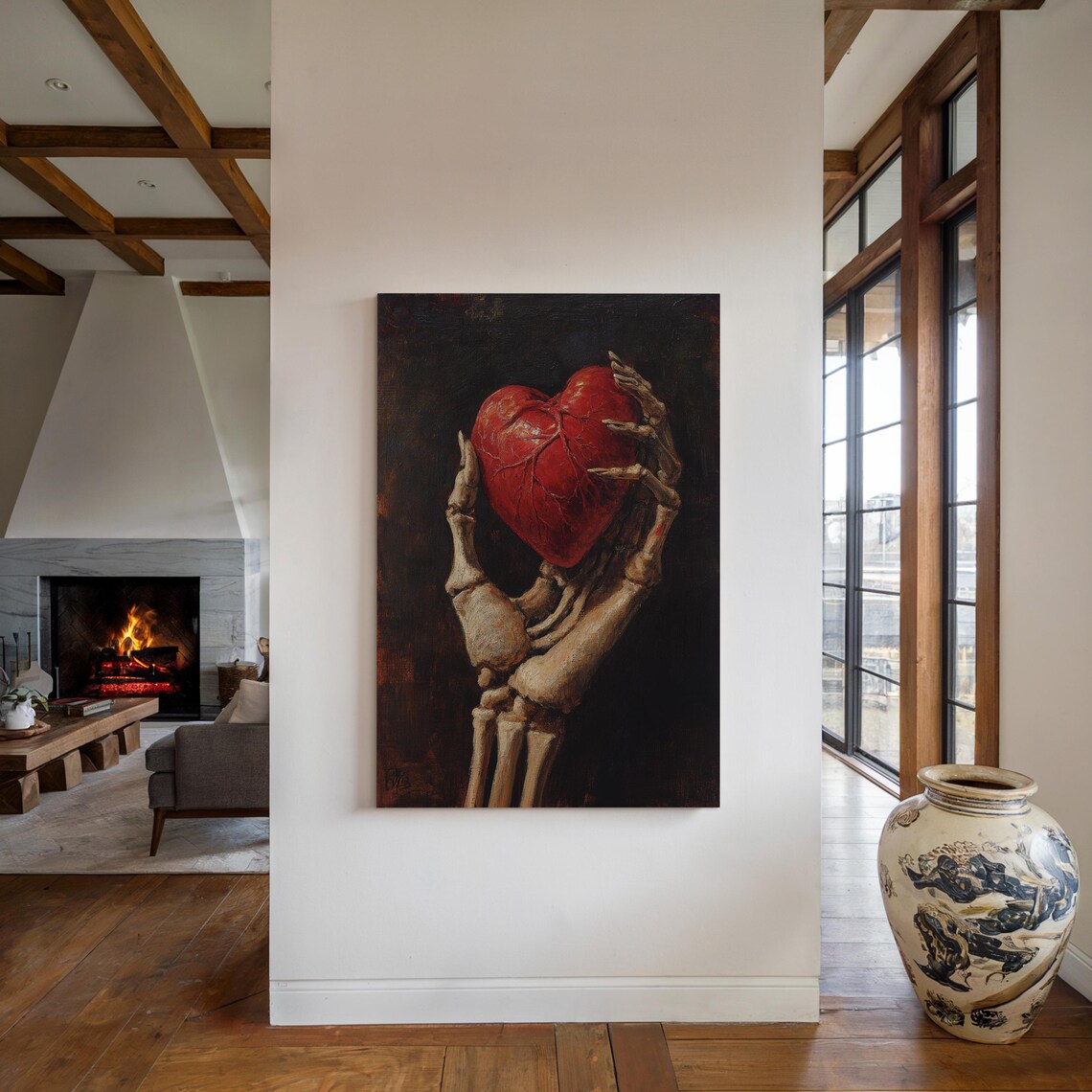 Skeleton Hand Holding Red Heart Dark Gothic Anatomy Oil Painting Poster - Image 4