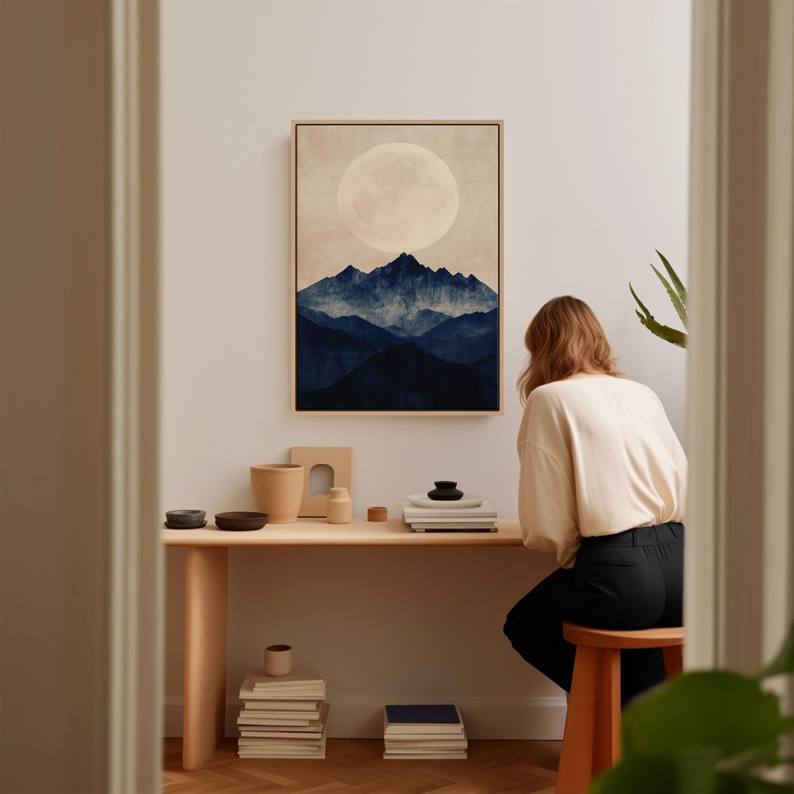 Indigo Blue Mountains Pale Full Moon Japanese Aesthetic Poster - Image 2