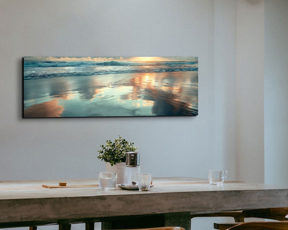 Golden Sunset Waves Ocean Shore Sky Reflections Panoramic Wall Art - Image 7