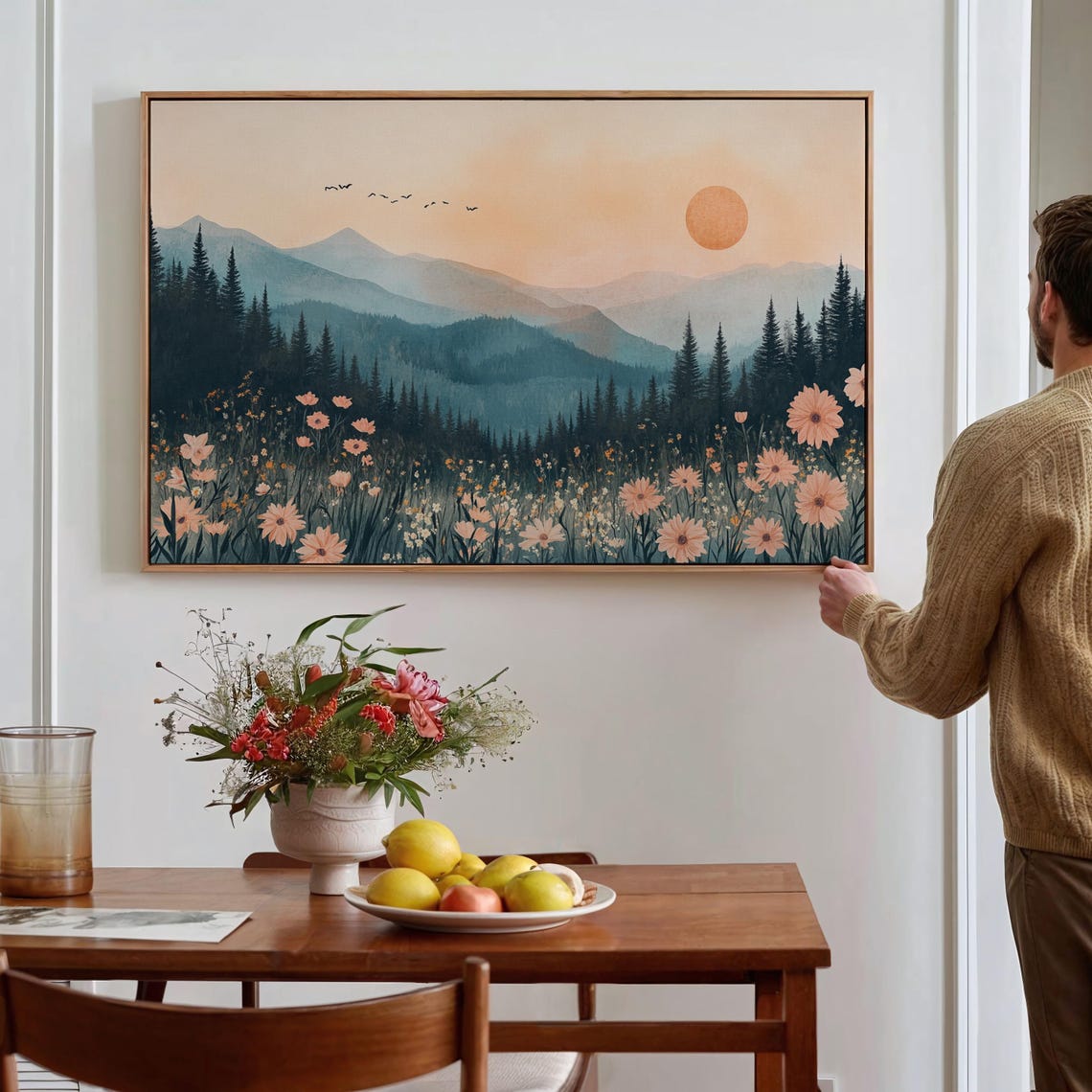 Soft Peach Mountain Sunrise With Pine Forest And Wildflowers Poster - Image 4