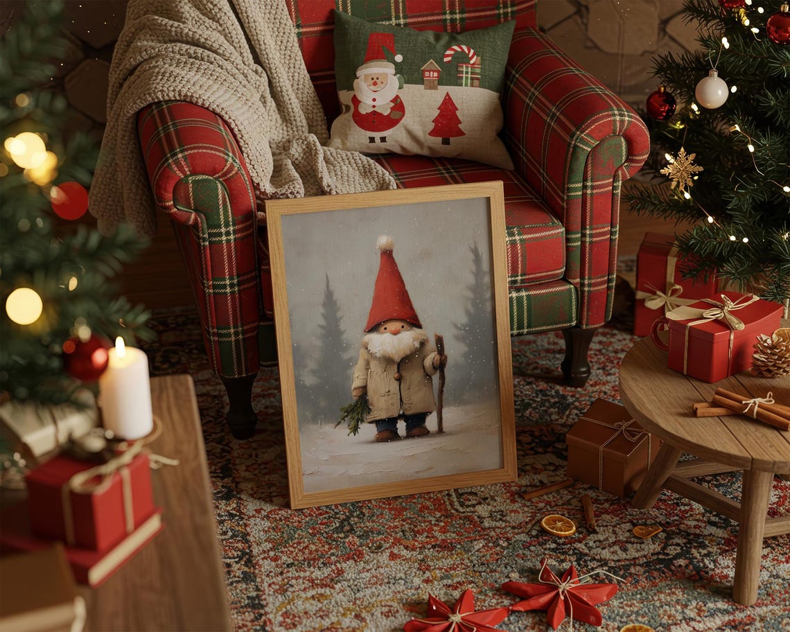 Christmas Gnome In Red Hat Winter Sprig Festive Holiday Poster