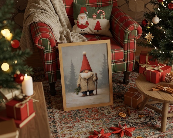 Christmas Gnome In Red Hat Winter Sprig Festive Holiday Poster