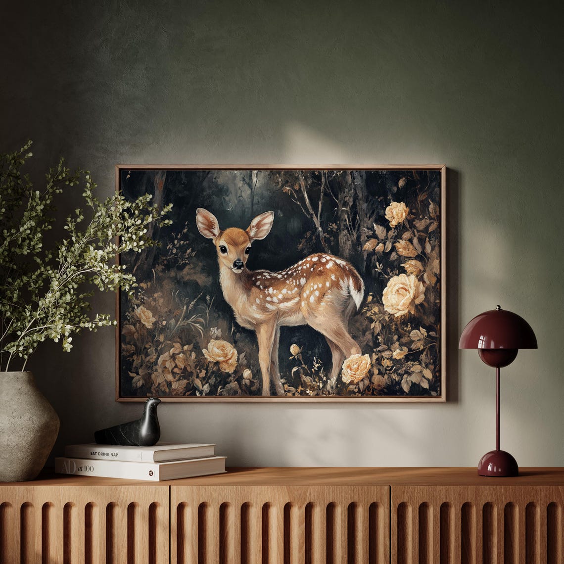 Spotted Fawn In Dark Forest With Golden Roses Artwork Poster - Image 7