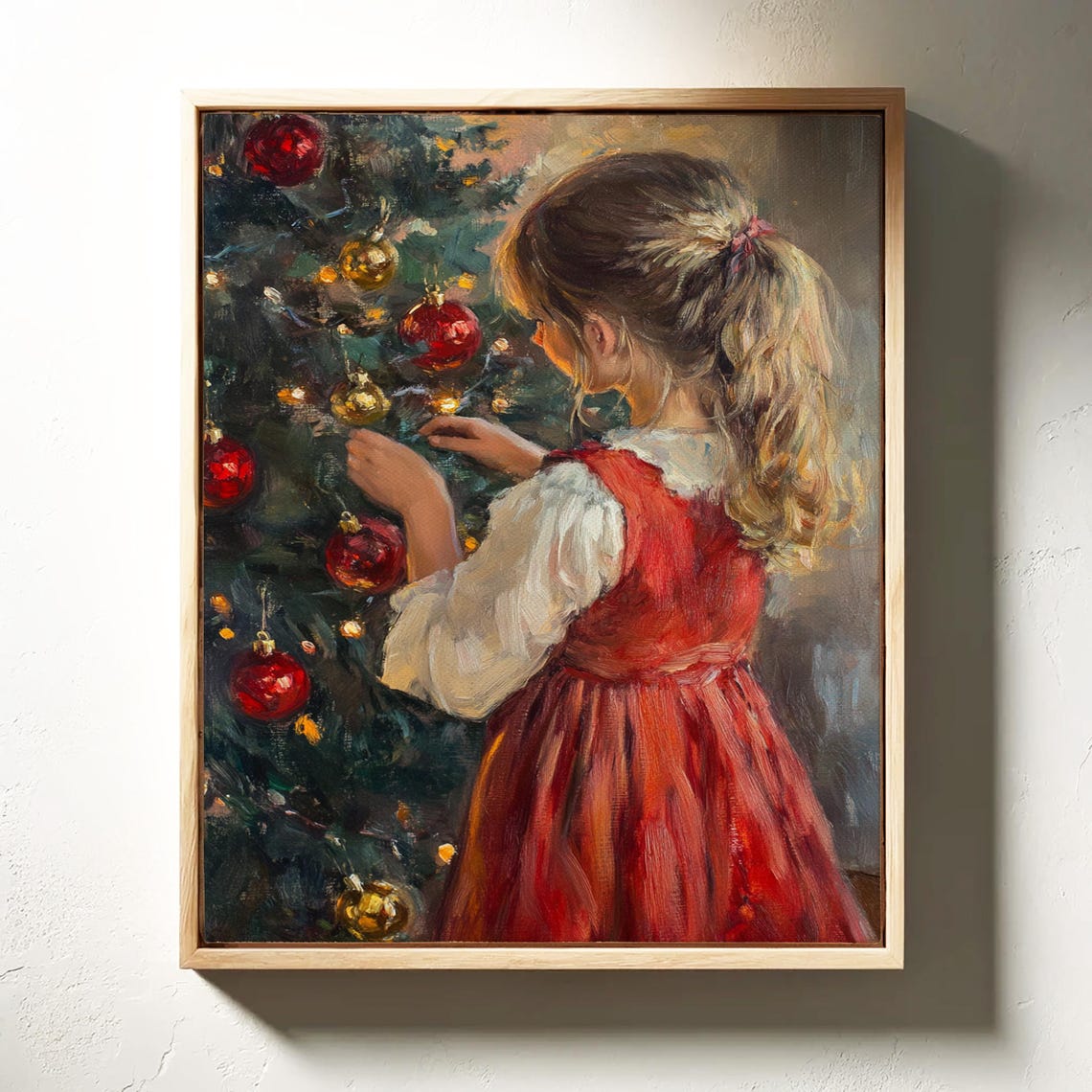 Little Girl in a Red Dress Decorating a Christmas Tree Vintage Poster - Image 4