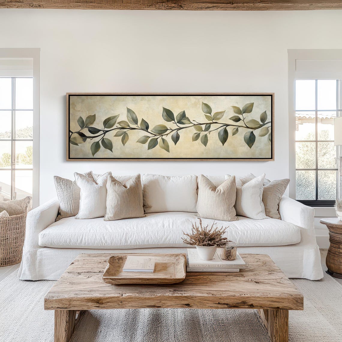 Elegant Leaf Branch On Cream Vintage Botanical Panoramic Wall Art