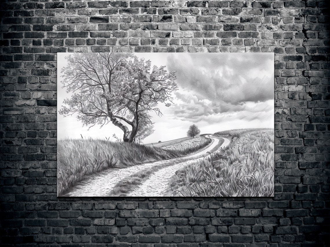 Lone Oak Tree On Rolling Hill Charcoal Drawing Winding Path Poster - Image 2