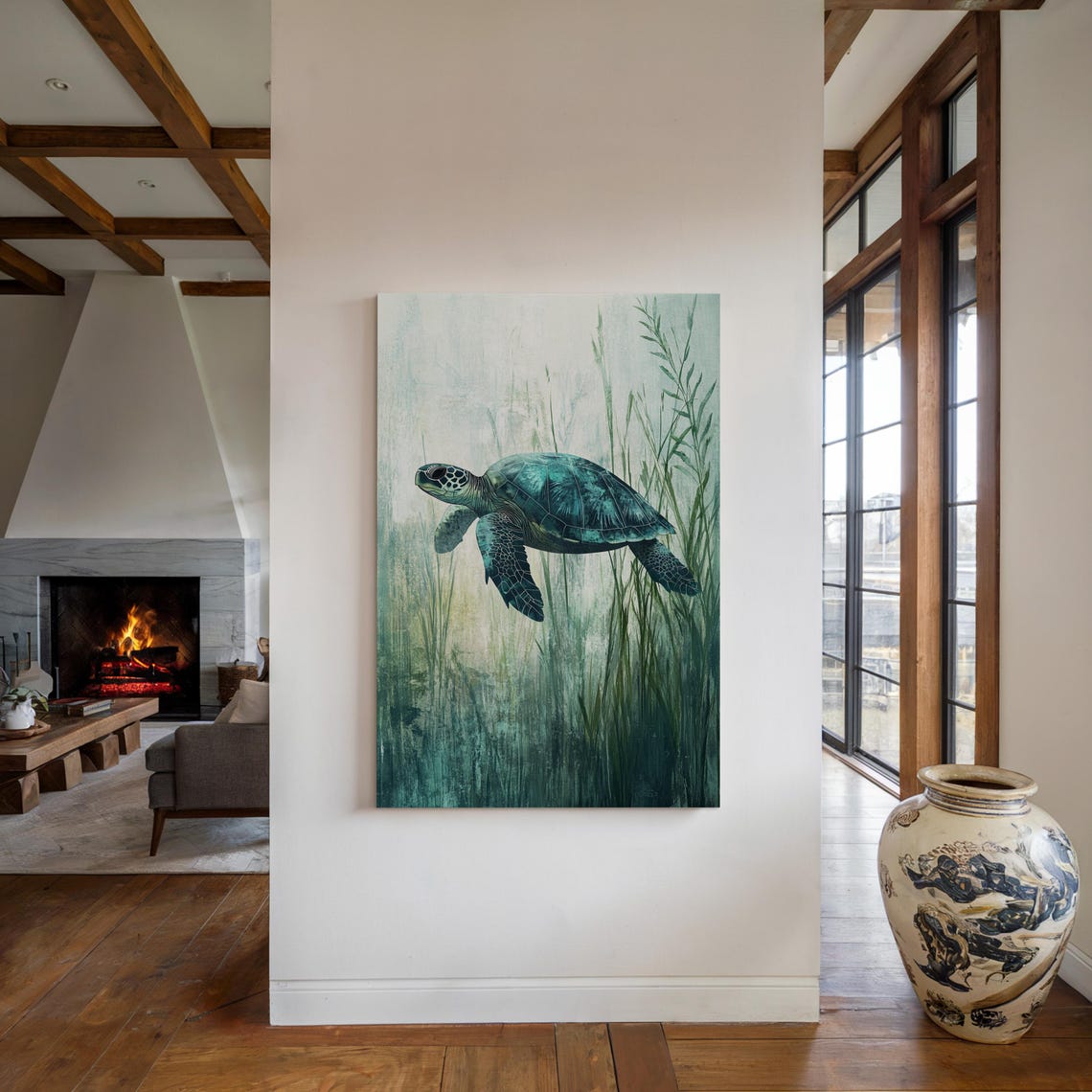 Sea Turtle Swimming Through Watercolor Seagrass Teal Ocean Art Poster - Image 3
