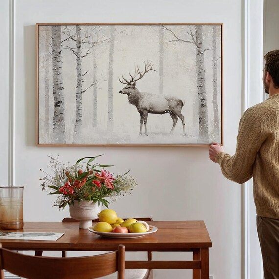 Winter Stag With Large Antlers In Snowy Birch Forest Pale Poster