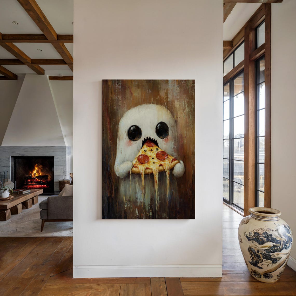 Cute Ghost Eating Pepperoni Pizza Funny Halloween Art Poster - Image 4