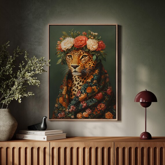 Majestic Leopard With Flower Crown And Floral Wrap Dark Green Poster