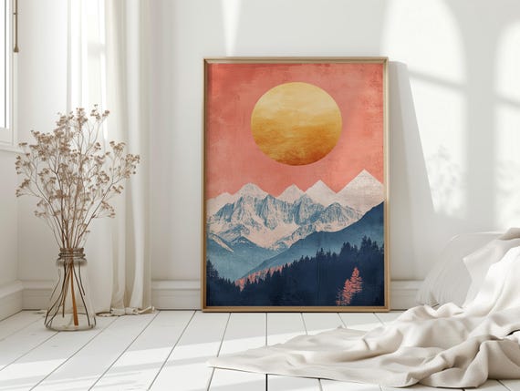 Modern Mountain Wall Art With Golden Sun Abstract Pink And Blue Landscape Canvas Print Bold Graphic Nature Artwork For Home Decor