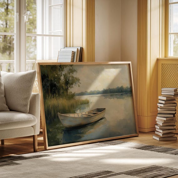 Rustic Rowboat On A Calm Lake Wall Art Peaceful Nature Inspired Artwork For Tranquil Home Or Lake House Decor