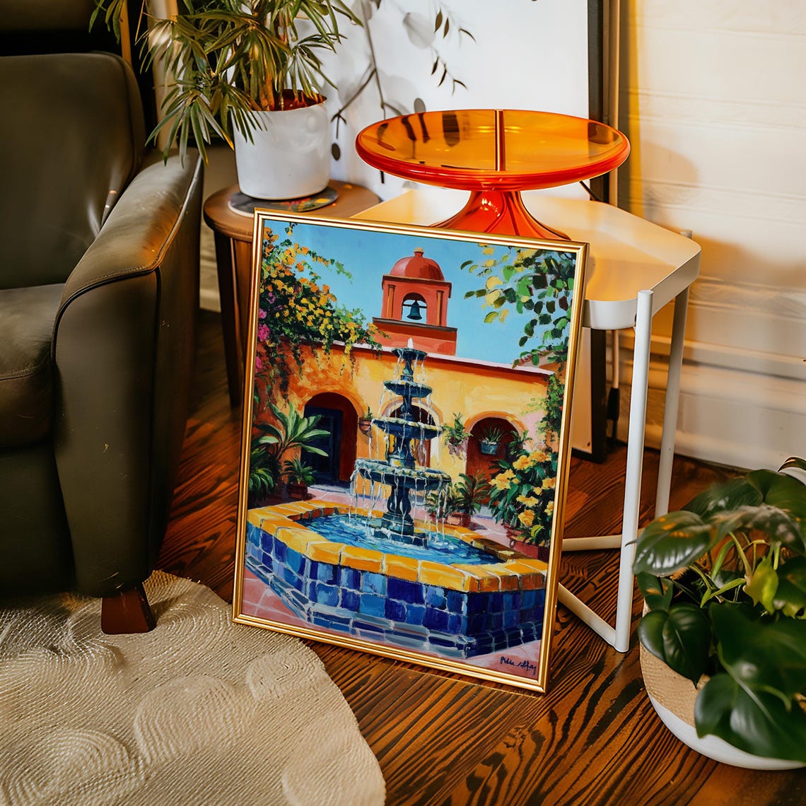 Spanish Mission Courtyard Fountain With Bell Tower Garden Poster
