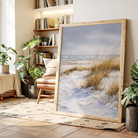 Serene Golden Beach Grass Dunes Ocean Watercolor Coastal Art Print