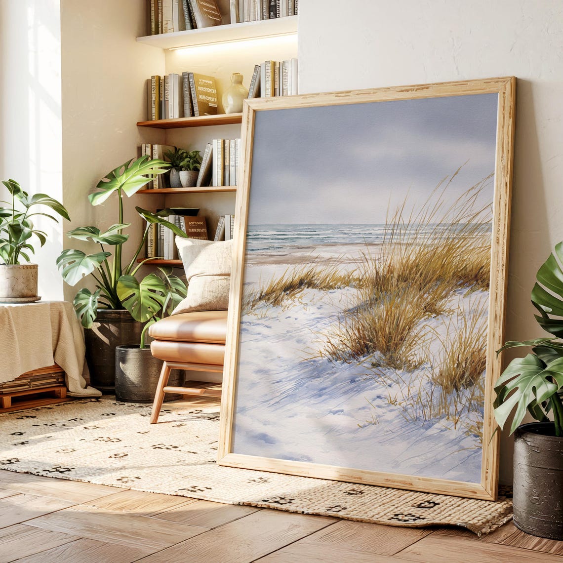 Serene Golden Beach Grass Dunes Ocean Watercolor Coastal Art Print