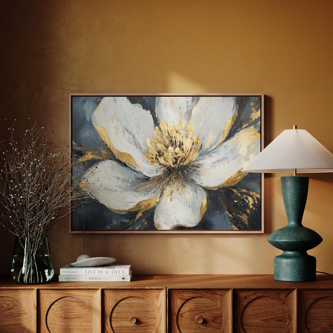 Abstract White And Gold Flower Art Textured Floral Dark Gray Poster - Image 4