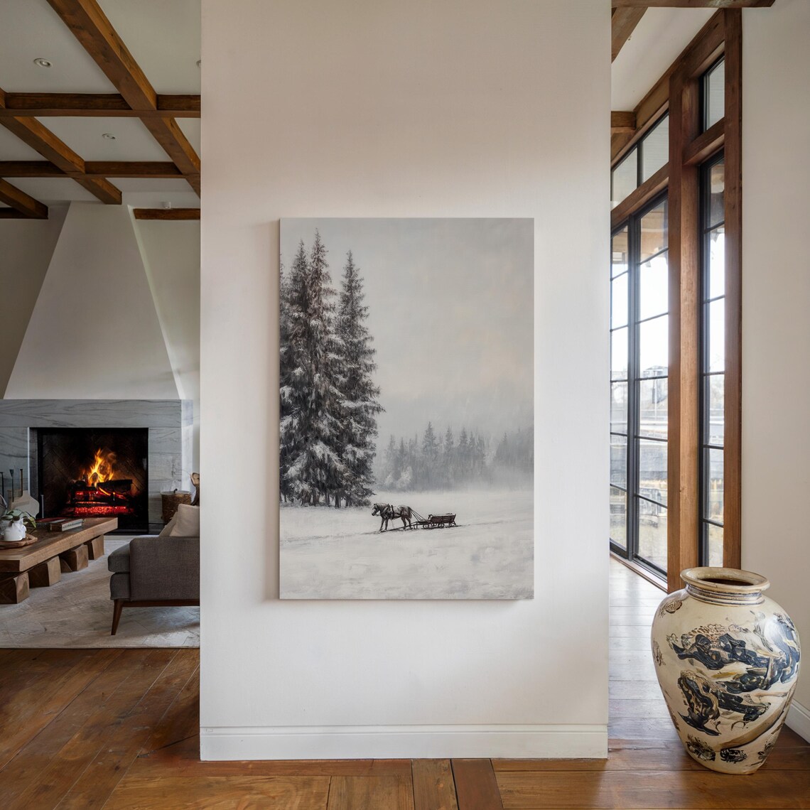 Winter Sleigh Scene, Rustic Christmas Decor