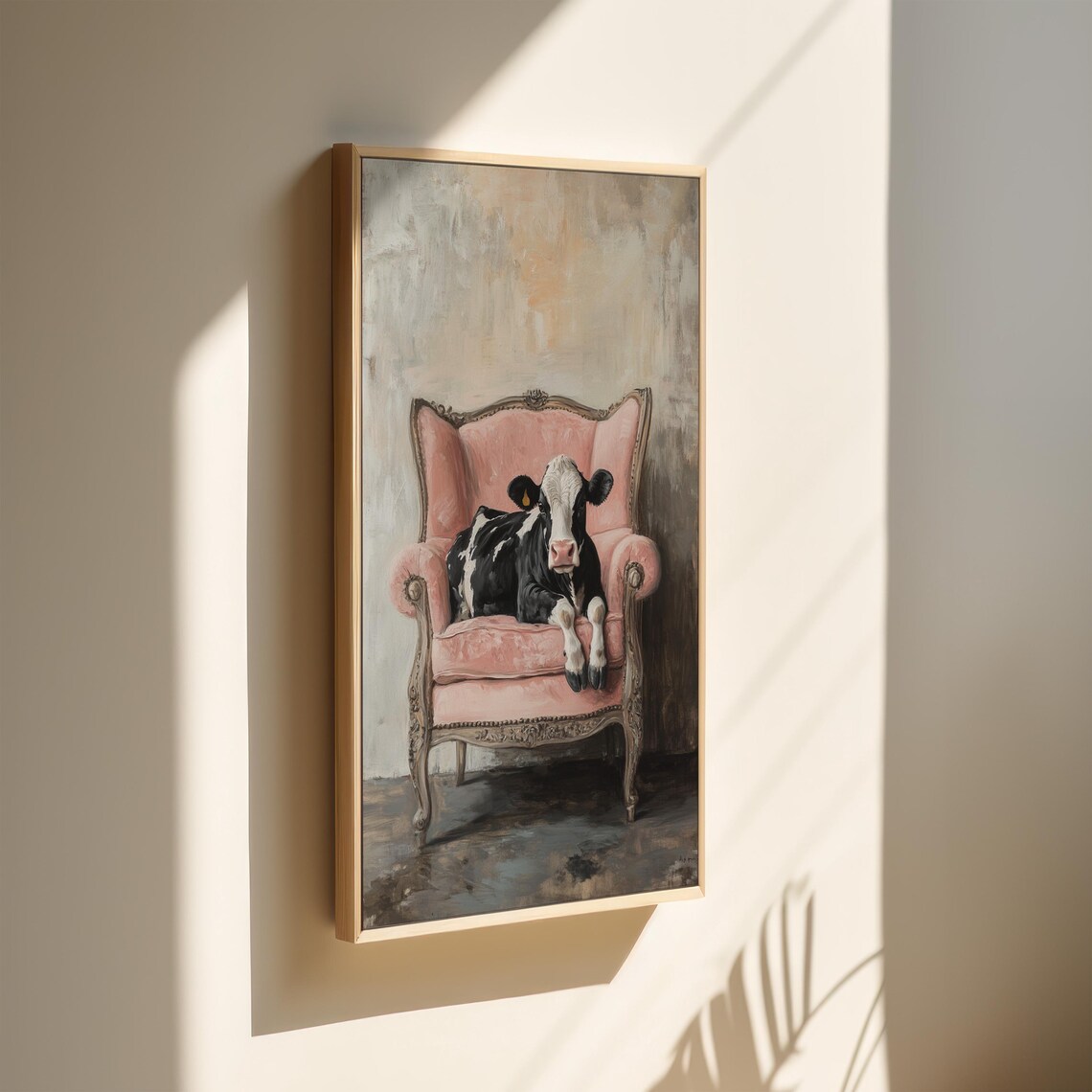 Baby Cow Calf Resting on Vintage Pink Armchair Whimsical Poster - Image 4