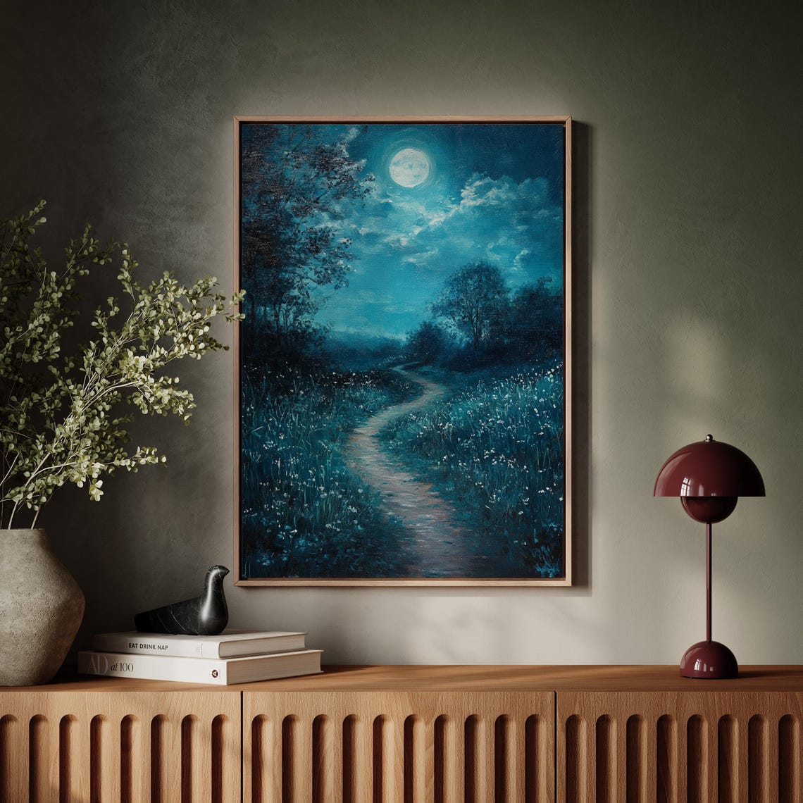 Moonlit Path Through Teal Night Forest Tranquil Landscape Art Poster - Image 7