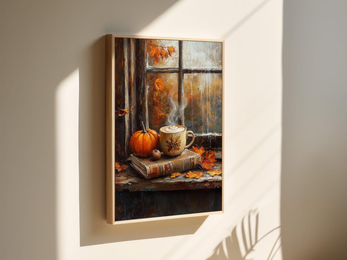 Cozy Autumn Window Pumpkin Spice Latte Fall Leaves Scene Poster - Image 4