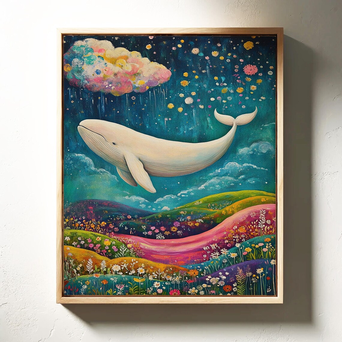 Magical White Whale Over Colorful Wildflower Hills Night Sky Poster - Image 4