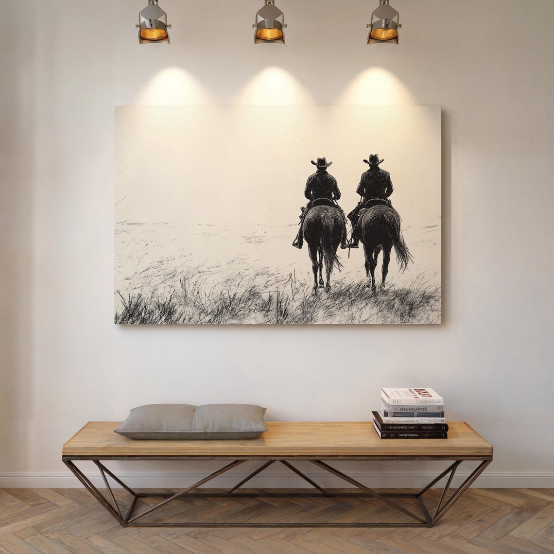 Cowboys On Horseback Western Line Art Print Rustic Black And White Wall Art Country Ranch Decor - Image 5