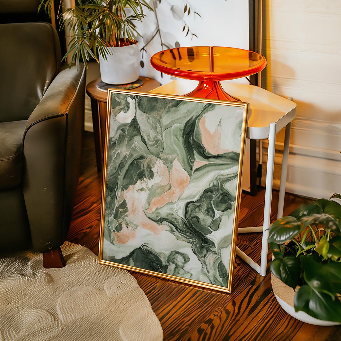 Peach Sage Marble Abstract Fluid Texture Modern Ink Swirl Poster