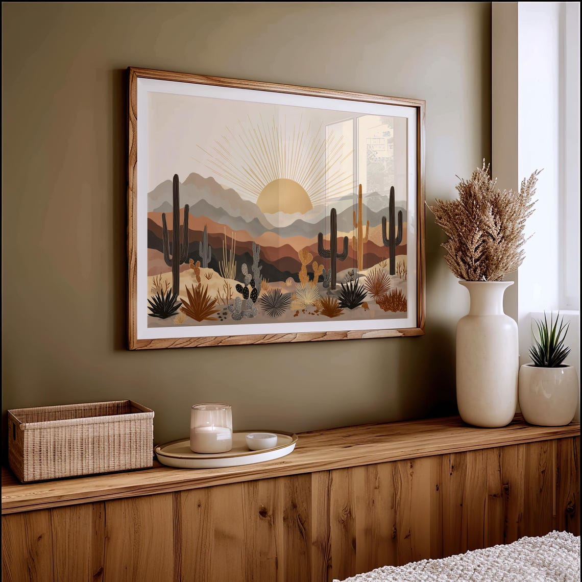 Golden Desert Sunrise Saguaro Cactus Boho Sunburst Landscape Poster