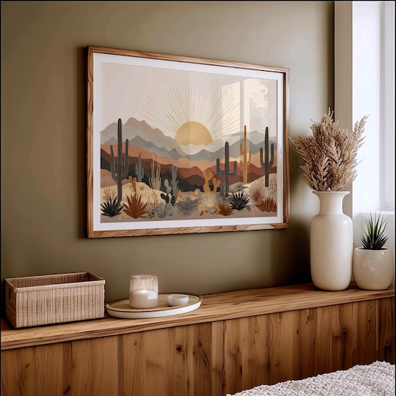 Golden Desert Sunrise Saguaro Cactus Boho Sunburst Landscape Poster
