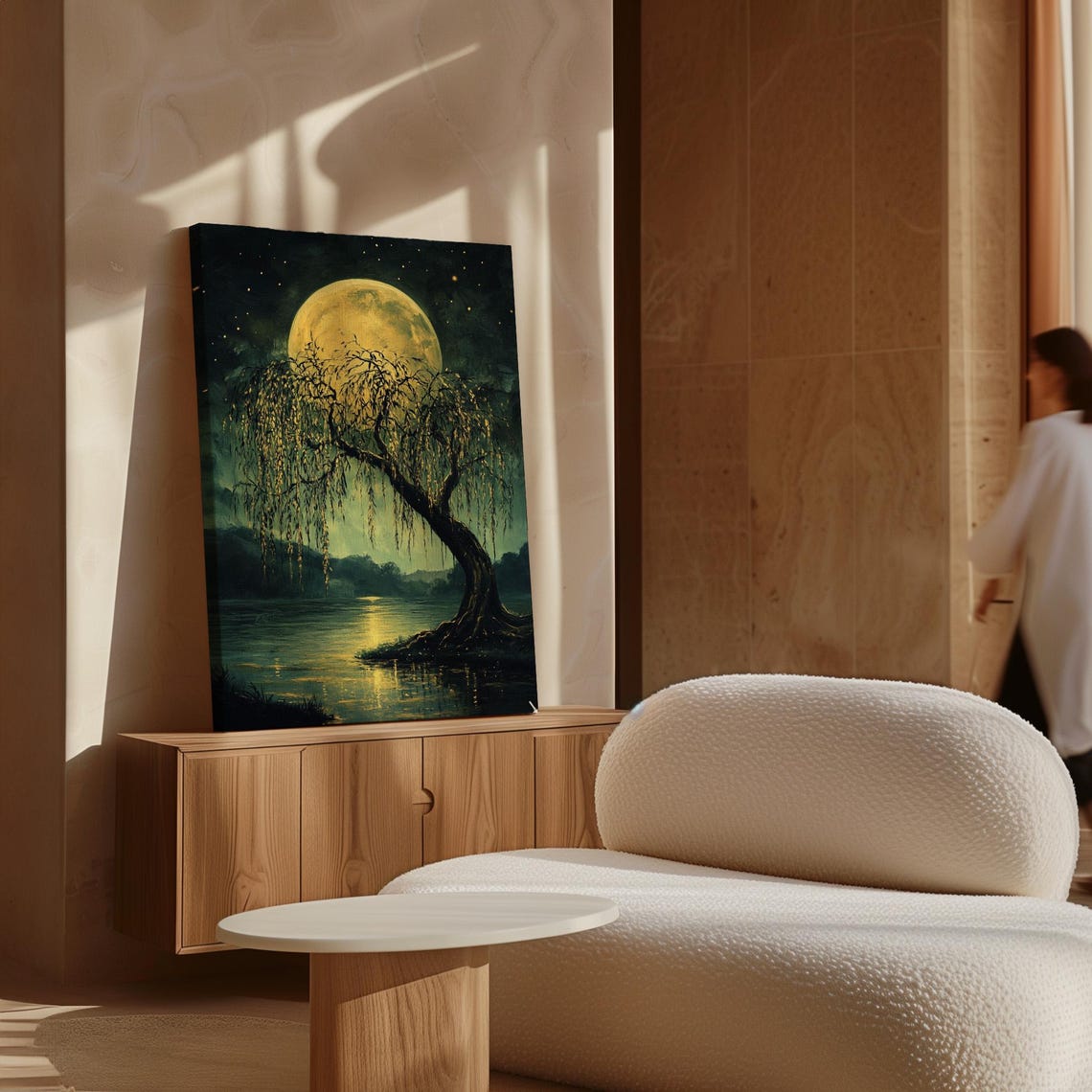 Golden Full Moon Over Lake With Weeping Willow Silhouette Poster - Image 3