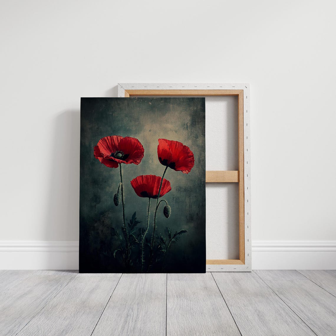 Three Red Poppies on a Dark Background Vintage Botanical Floral Poster - Image 3
