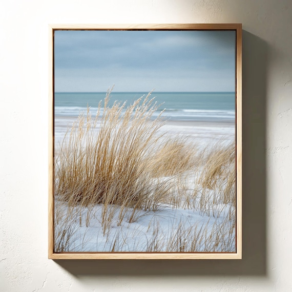 Golden Beach Grass Winter Sand Dunes Ocean Behind Coastal Art Poster