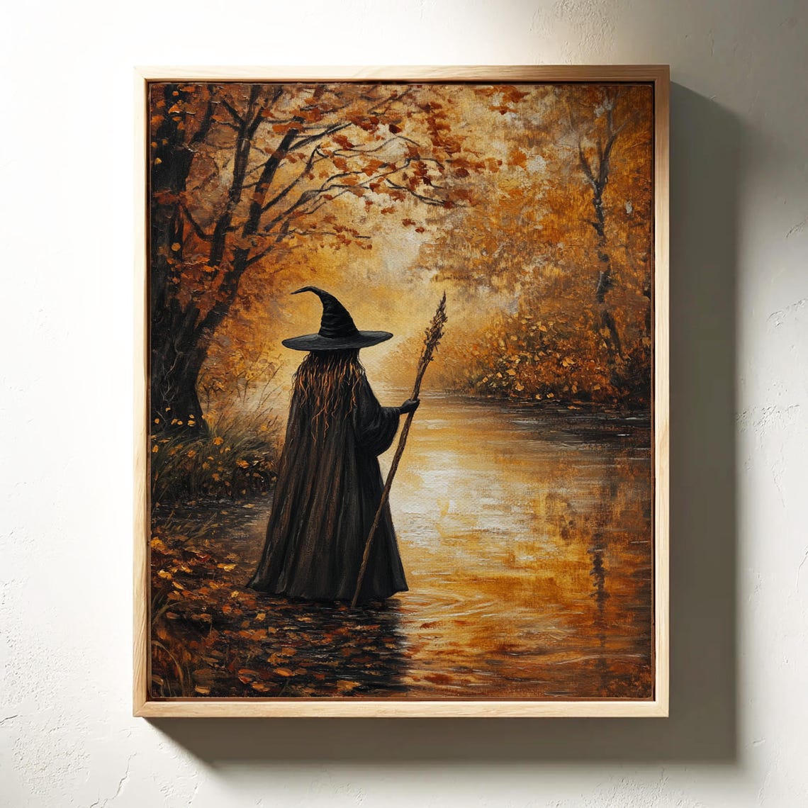 Mystical Witch Walking Along a Golden River in Autumn Forest Poster - Image 6