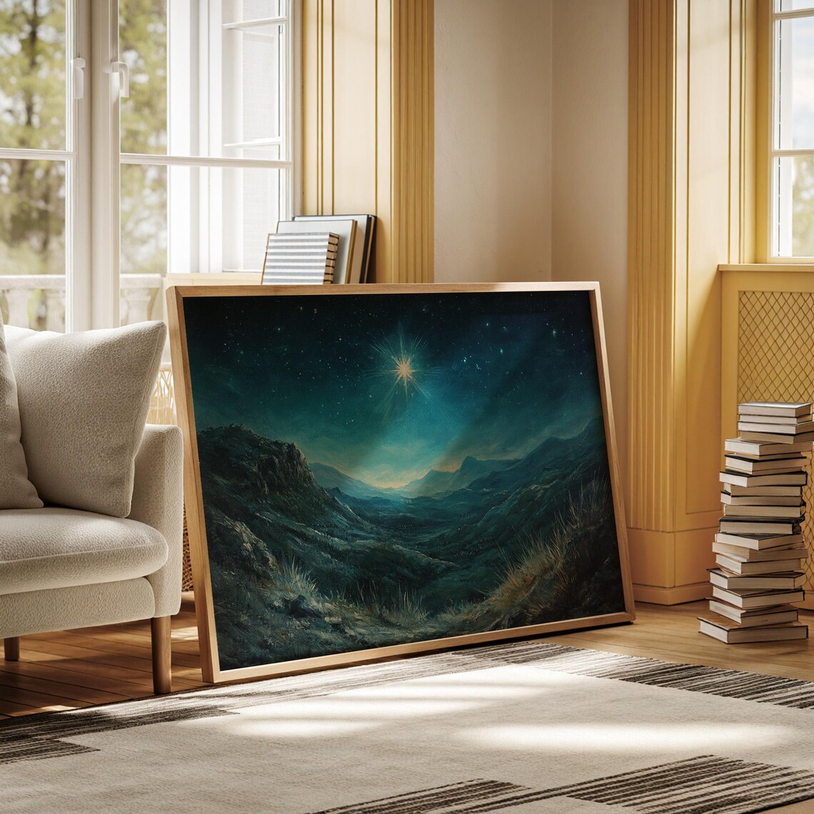 Star Of Bethlehem Over Tranquil Mountain Valley Art Print - Image 6