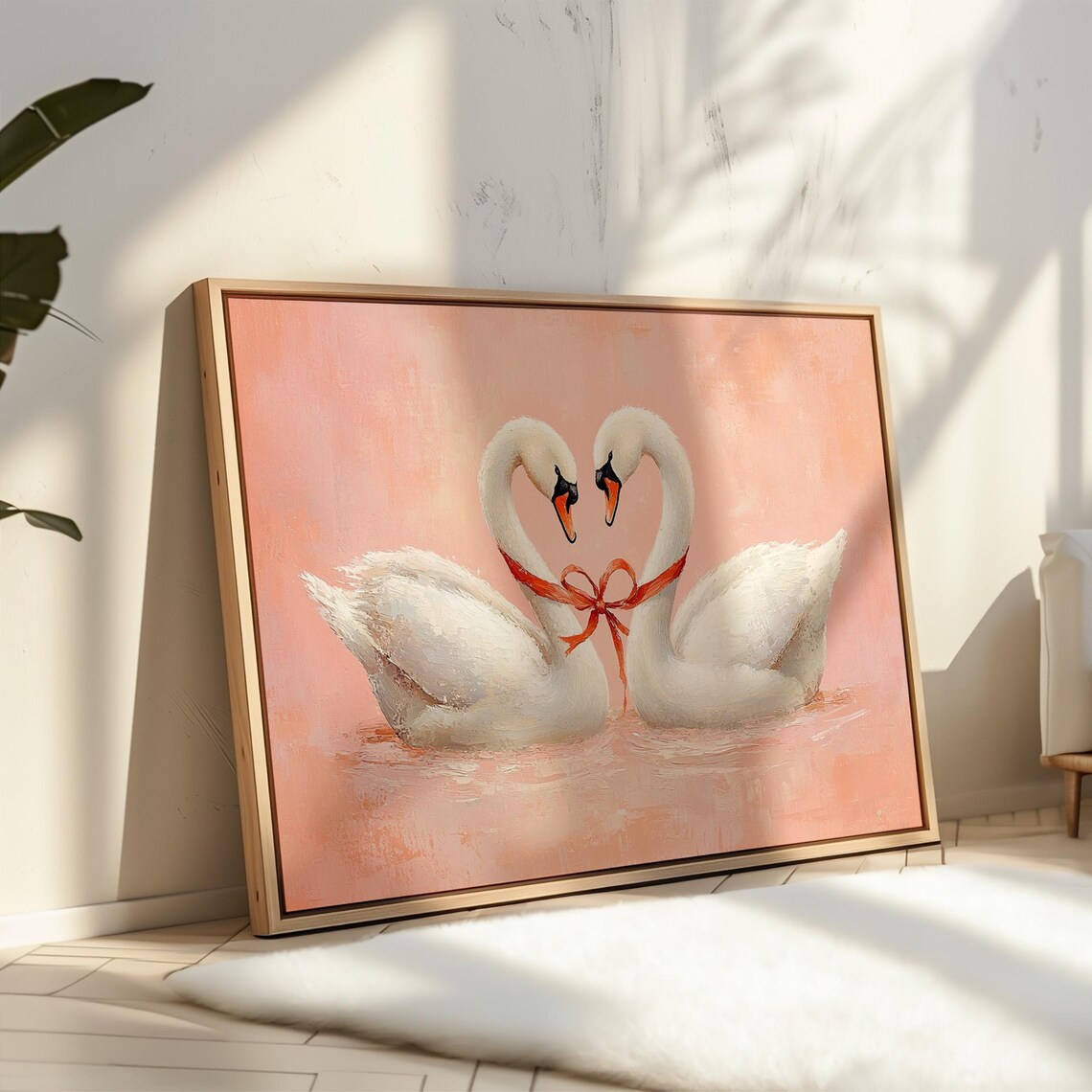 Swan Pair Heart Shape Red Ribbon Romantic Love Bird Painting Poster - Image 6