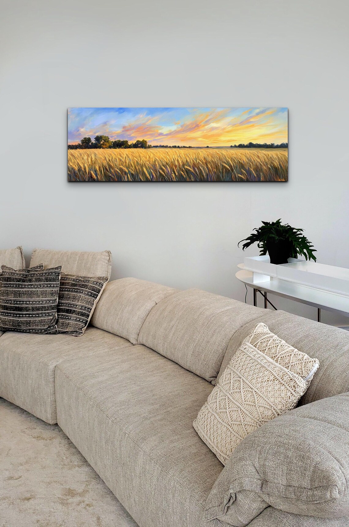 Serene Wheat Landscape, Tranquil Panorama Art - Image 5