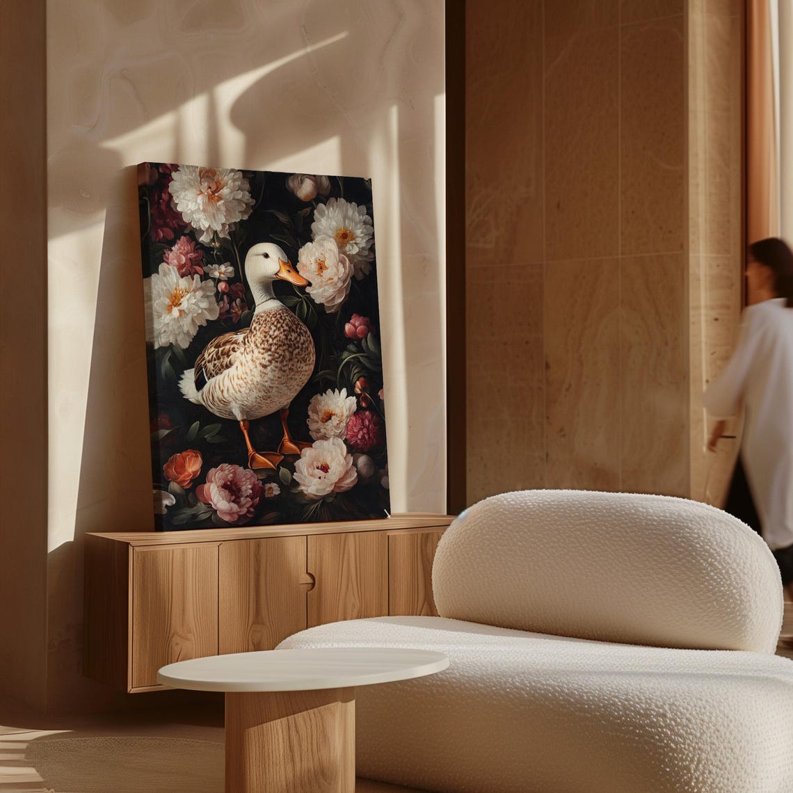 Duck Standing Among White and Pink Peonies Dark Floral Poster - Image 4